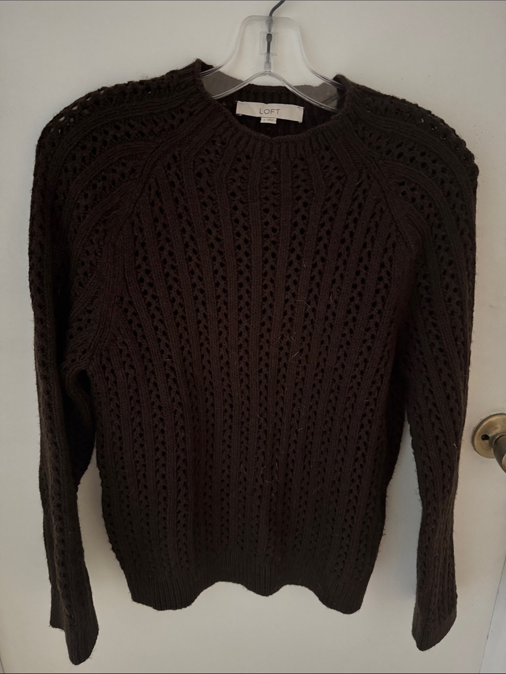 LOFT Dark Brown Open-Knit Crewneck Sweater